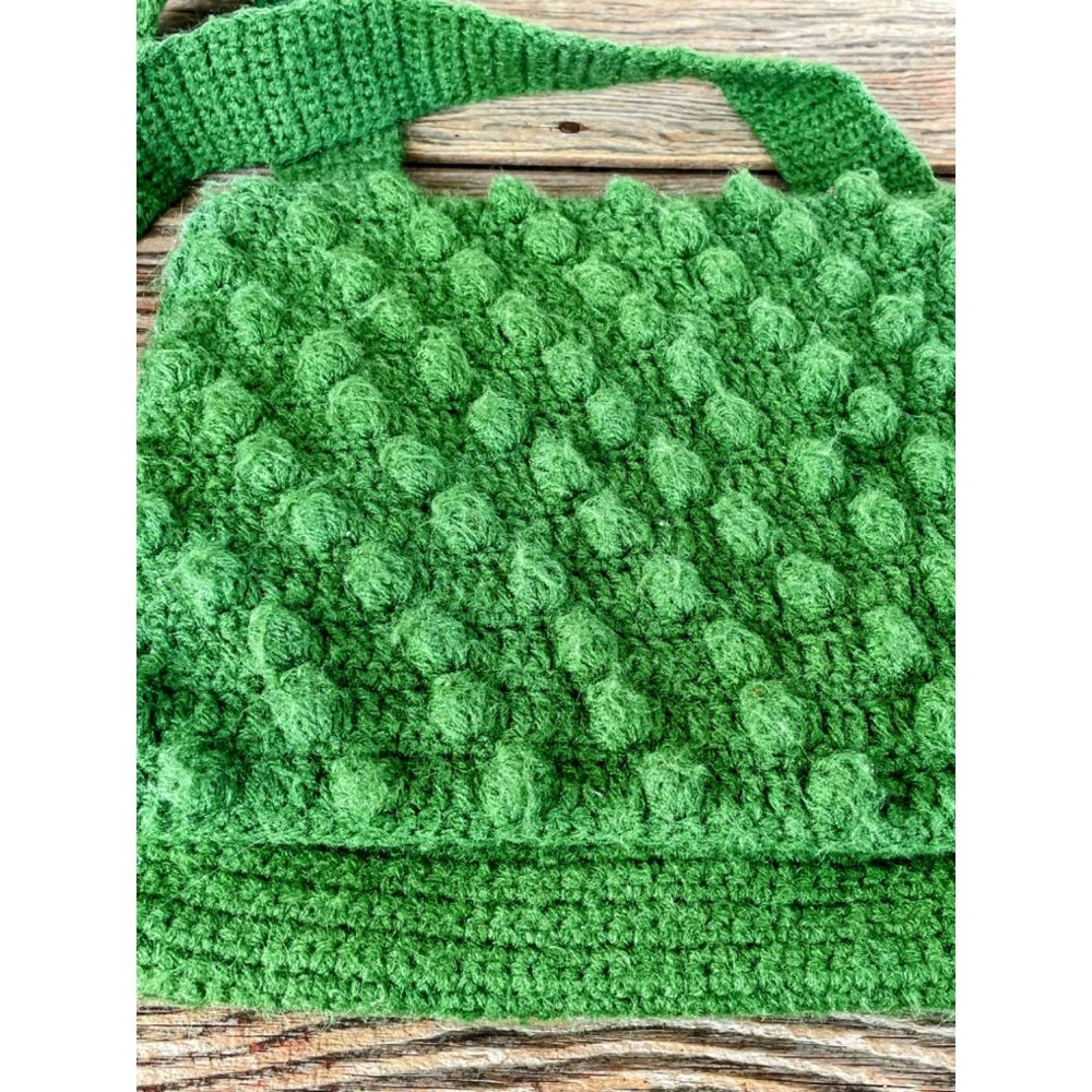 Vintage 1970s Kelley green Popcorn Crochet Purse MOD Retro - Picture 2 of 8